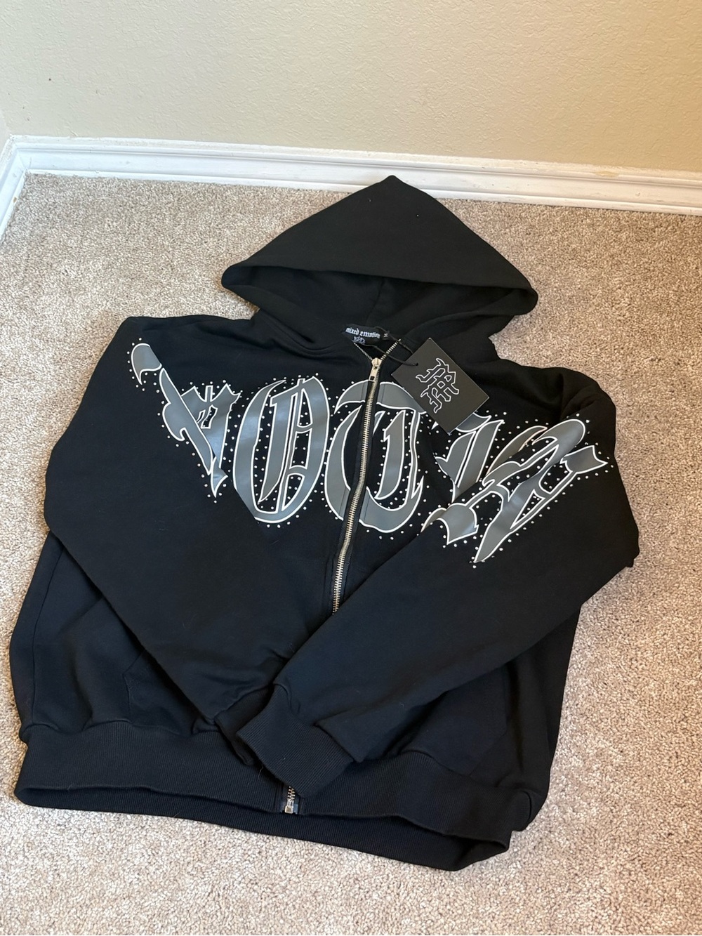 Black Gothic Script Zip-Up Hoodie